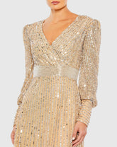 Beige Sequined Wrap Over Bishop Sleeve Gown